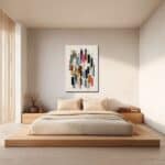 縦構図の抽象アートを寝室に飾ったイメージ