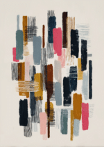 ベージュを基調に縦長の色面と細い線が重なる抽象アート