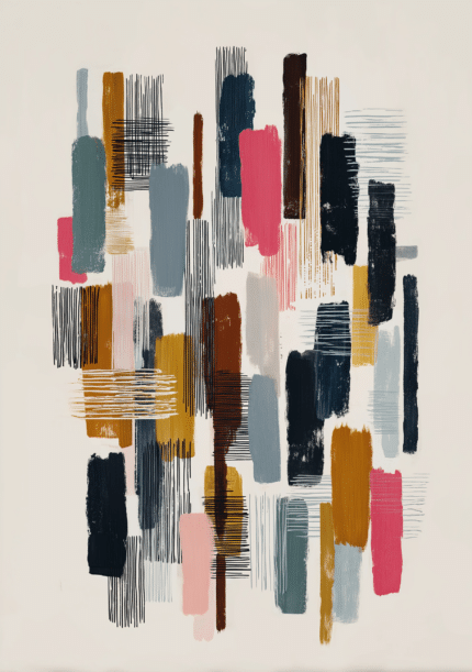 ベージュを基調に縦長の色面と細い線が重なる抽象アート