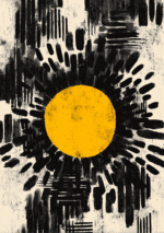 中央の黄色い円と黒い筆致が印象的な抽象アート