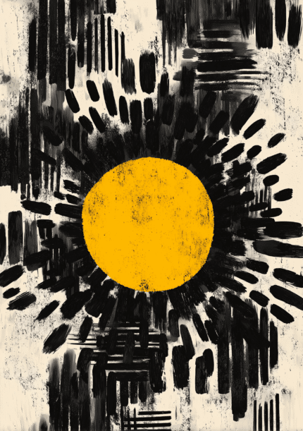 中央の黄色い円と黒い筆致が印象的な抽象アート