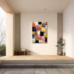 玄関に飾ったネイビー基調の抽象アートイメージ