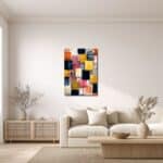 リビングに飾ったブルー抽象アートの設置イメージ