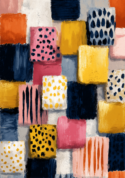 ネイビーを基調に色面とドット模様が重なる縦構図の抽象アート