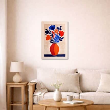 ブルーフラワー キャンバスアートを飾ったリビング空間