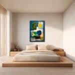 色面の重なりが印象的なアートを寝室に飾ったイメージ