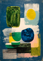 深い青に黄緑と黄色の色面を重ねた縦構図の幾何学アート