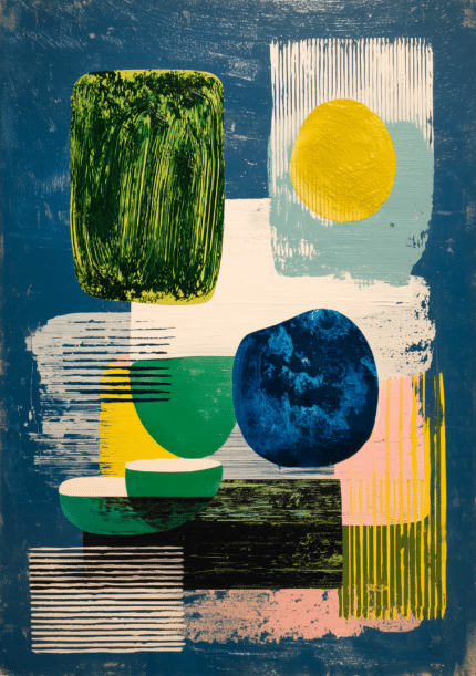 深い青に黄緑と黄色の色面を重ねた縦構図の幾何学アート