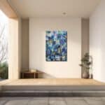 青の線と色面の抽象アートを寝室に飾ったイメージ