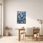 青の幾何学抽象アートをリビングに飾ったイメージ