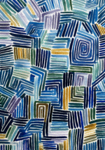 青系と淡色の線が重なる幾何学的な抽象アート