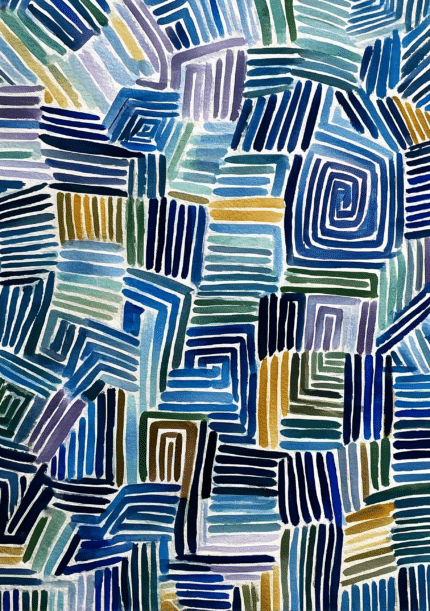 青系と淡色の線が重なる幾何学的な抽象アート