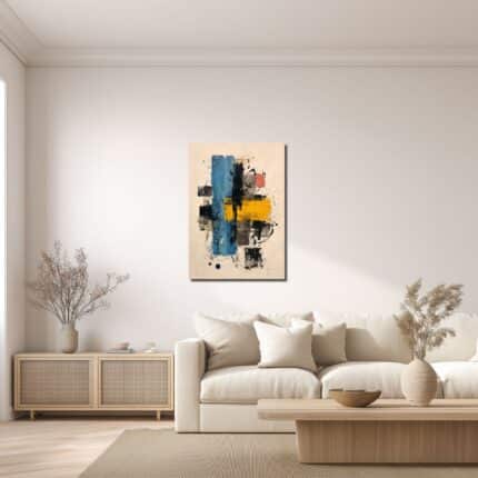 青と黄の抽象アートをリビングに飾ったイメージ
