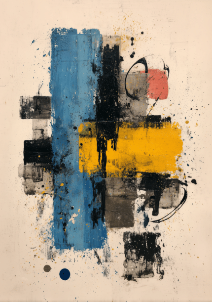 青と黄色の矩形に黒い線と飛沫を重ねた縦構図の抽象アート