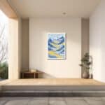 青を基調とした抽象山岳アートの玄関設置イメージ