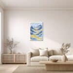 青い山岳風景キャンバスアートのリビング設置イメージ