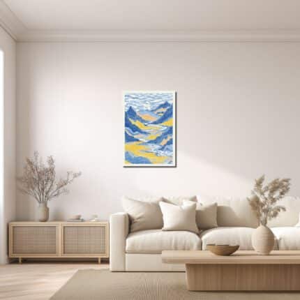 青い山岳風景キャンバスアートのリビング設置イメージ