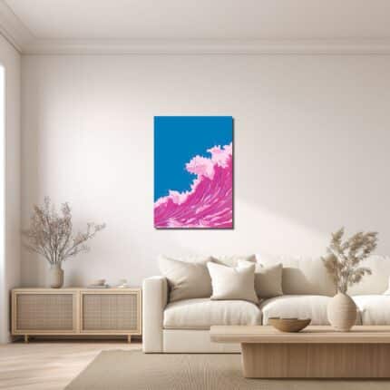 青とピンクの抽象キャンバスアートをリビングに飾ったイメージ