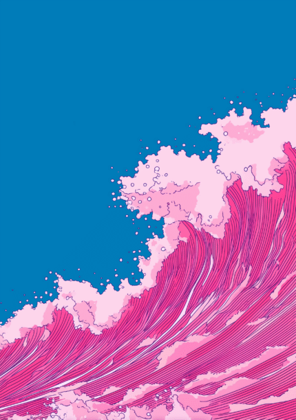 青とピンクの波しぶきが広がる縦構図の抽象キャンバスアート