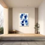 青の矩形レイヤー キャンバスアートの寝室設置イメージ