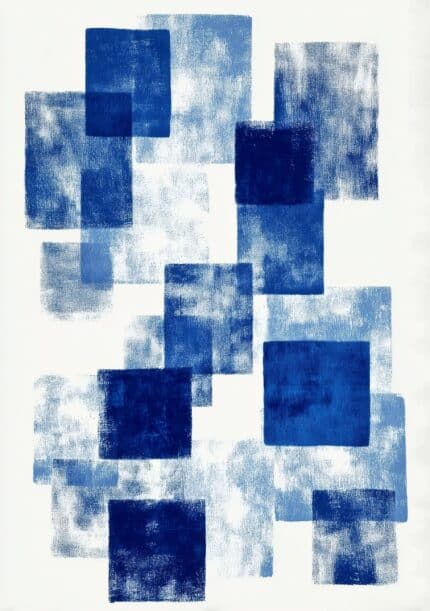 濃淡の青い矩形を重ねた縦構図の抽象キャンバスアート