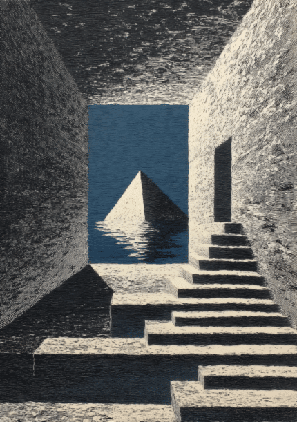 水辺に浮かぶピラミッドと階段を描いた幻想的な抽象キャンバスアート
