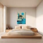 樹木と水辺のモダンアートを寝室に飾ったイメージ