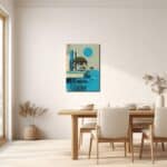青と生成りの抽象風景アートをダイニングに飾ったイメージ