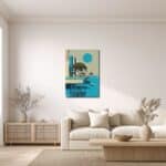 青い円形の抽象風景アートをリビングに飾ったイメージ