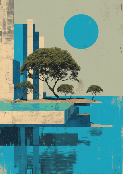 青い円形と樹木、水辺の反射を描いたモダンな抽象風景アート