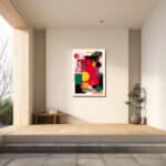 玄関に飾った鮮烈な色彩の抽象アートパネルの設置イメージ