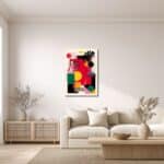 リビングに飾ったカラフルな幾何学抽象キャンバスアートの設置イメージ