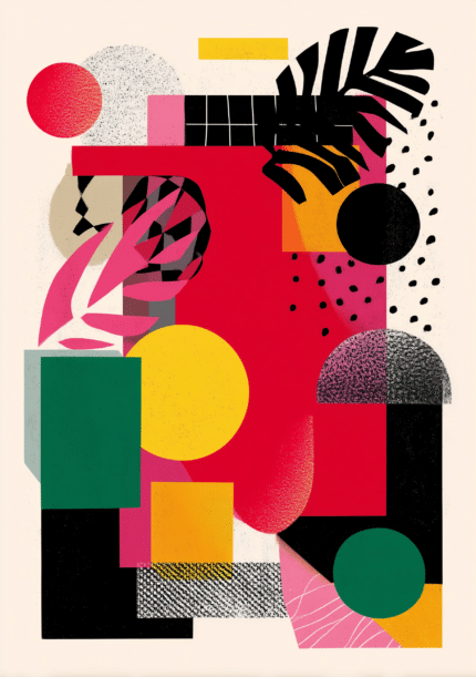 鮮やかな色面と幾何学モチーフを重ねた抽象キャンバスアート