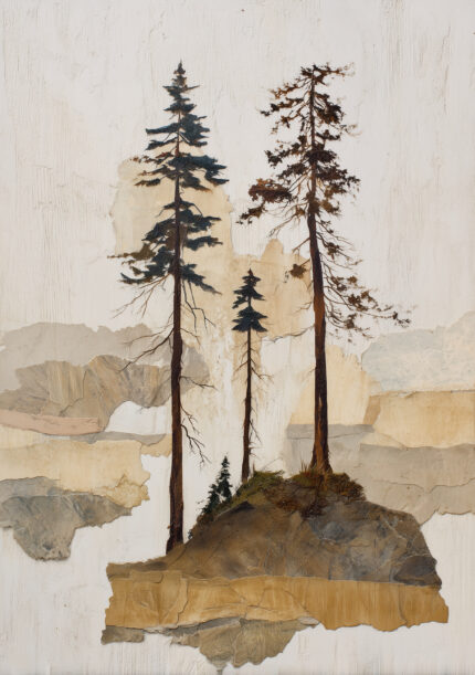 紙の層で描いた岩山と針葉樹の風景アート