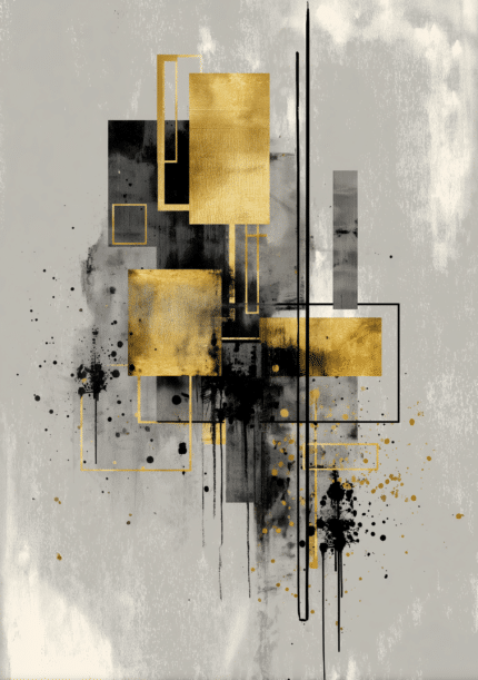 金と黒の長方形や細い直線が重なるゴールド抽象アート