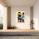 花と葉の抽象キャンバスアートを寝室に飾ったイメージ