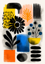 花と葉を抽象化したグラフィカルなボタニカルキャンバスアート