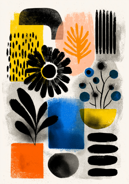 花と葉を抽象化したグラフィカルなボタニカルキャンバスアート