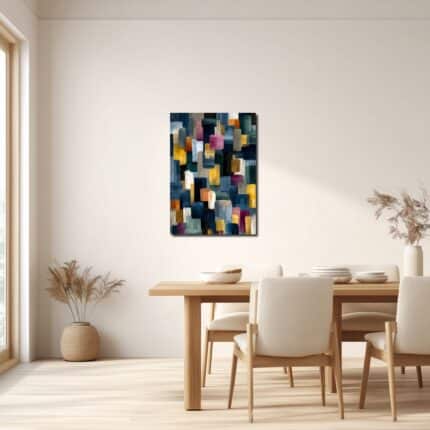 リビングに飾ったモダンなネイビー抽象アートの設置イメージ