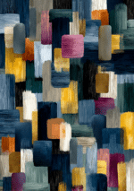 ネイビーを基調に縦長の色面が重なるモダンな抽象アート