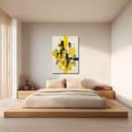黄と黒の抽象アートを寝室に飾ったイメージ