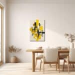 黄と黒の抽象アートをダイニングに飾ったイメージ