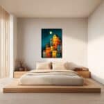 月夜の丘の街キャンバスアートを寝室に飾ったイメージ