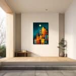 月夜の丘の街キャンバスアートを玄関に飾ったイメージ