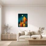 月夜の丘の街キャンバスアートをリビングに飾ったイメージ