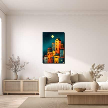 月夜の丘の街キャンバスアートをリビングに飾ったイメージ