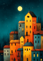 月明かりの夜空と丘の上の家並みを描いた幻想的なキャンバスアート