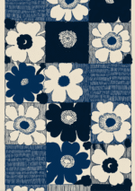 ネイビーとアイボリーの花モチーフを格子状に描いた版画風アート