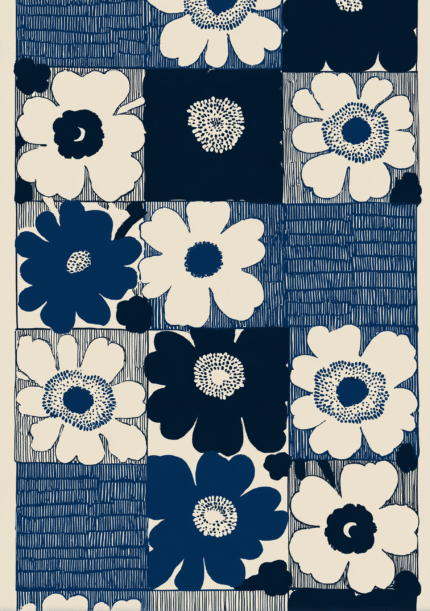 ネイビーとアイボリーの花モチーフを格子状に描いた版画風アート