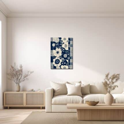 ネイビーフローラルのキャンバスアートをリビングに飾ったイメージ